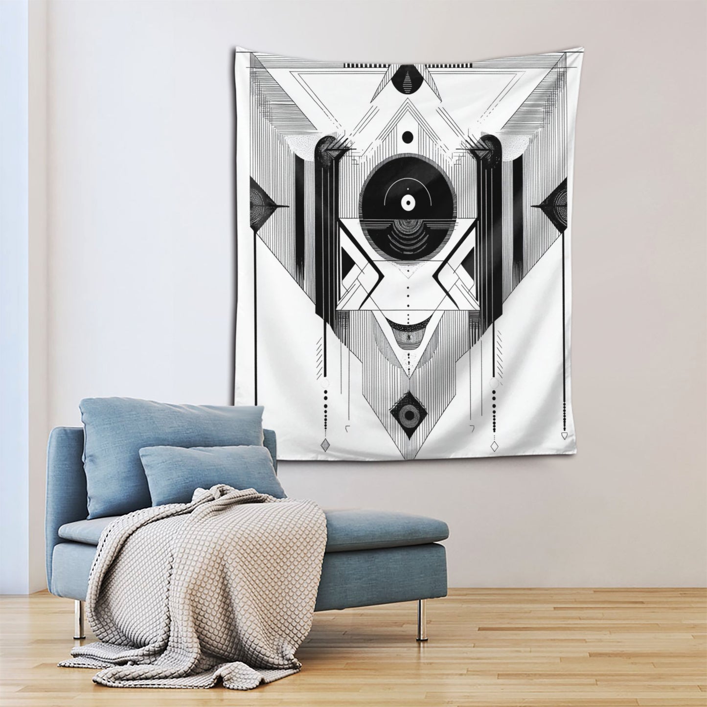 Black and White Geometric Abstract Tapestry | Modern Minimalist Art Style, Ideal for Home Decor