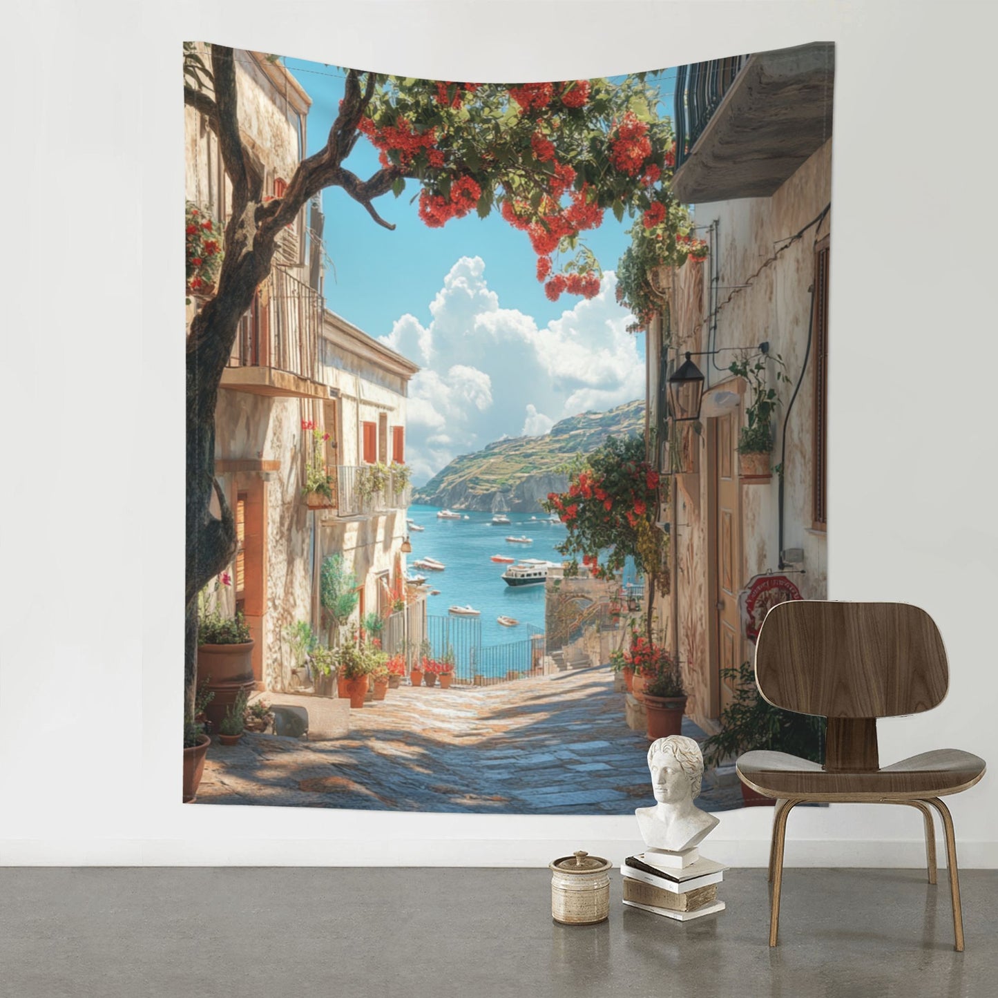 Mediterranean Seaside Tapestry | Beautiful Streets and Scenic Ocean View, Modern Home Decor