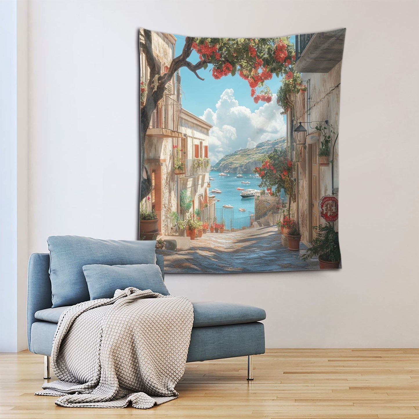 Mediterranean Seaside Tapestry | Beautiful Streets and Scenic Ocean View, Modern Home Decor