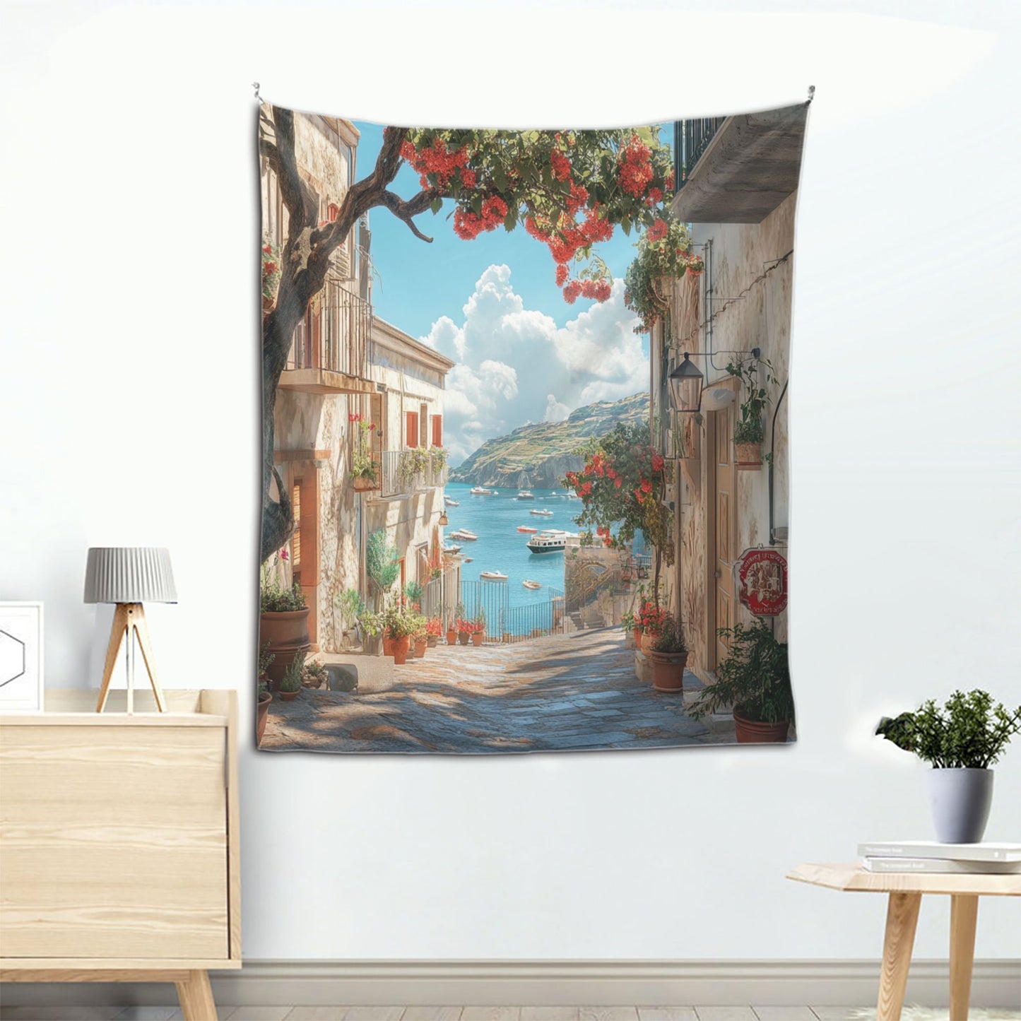 Mediterranean Seaside Tapestry | Beautiful Streets and Scenic Ocean View, Modern Home Decor