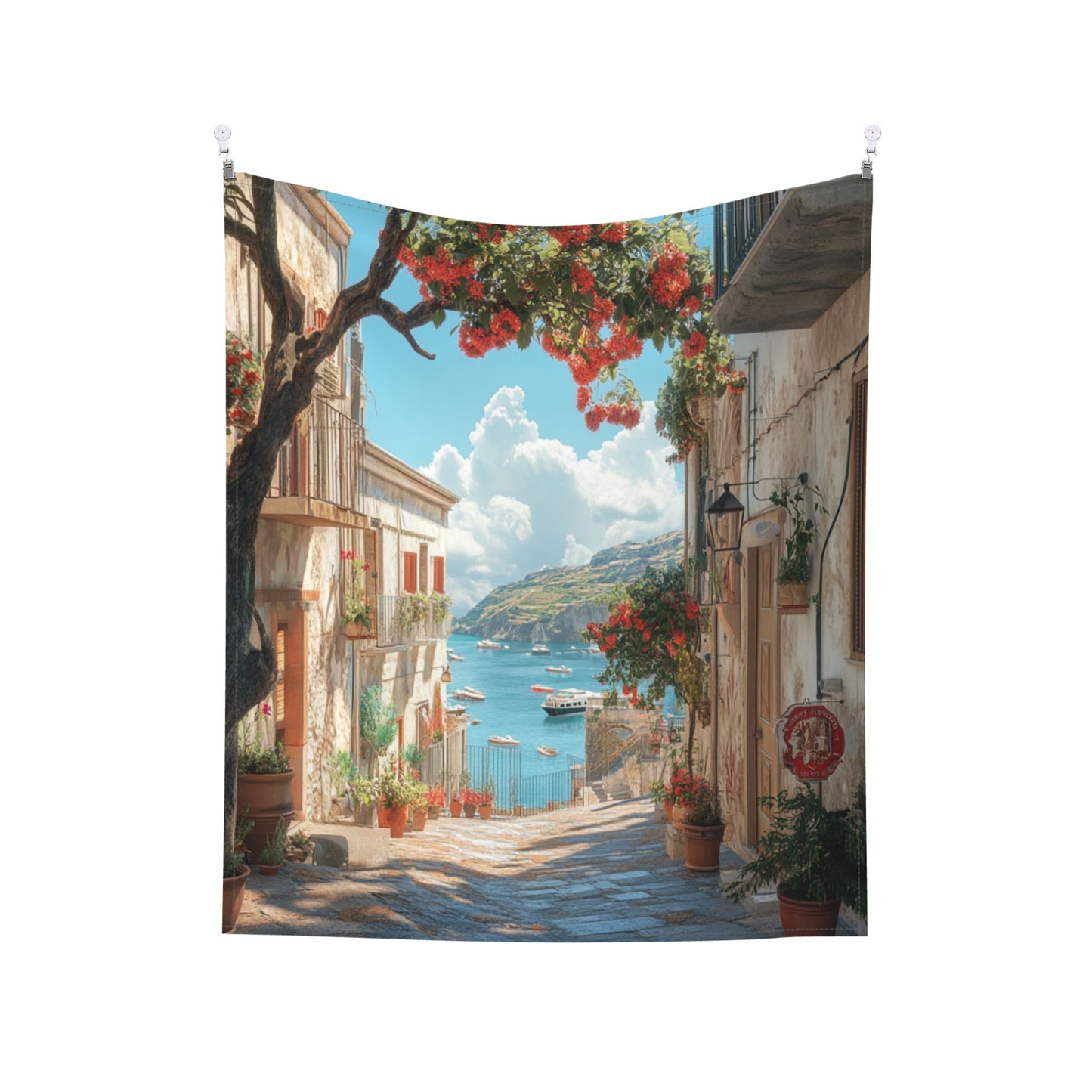 Mediterranean Seaside Tapestry | Beautiful Streets and Scenic Ocean View, Modern Home Decor