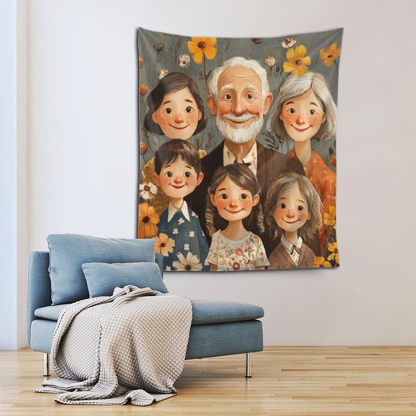 Warm Family Illustration Tapestry | Cute Cartoon-Style Family Portrait, Ideal for Modern Home Decor