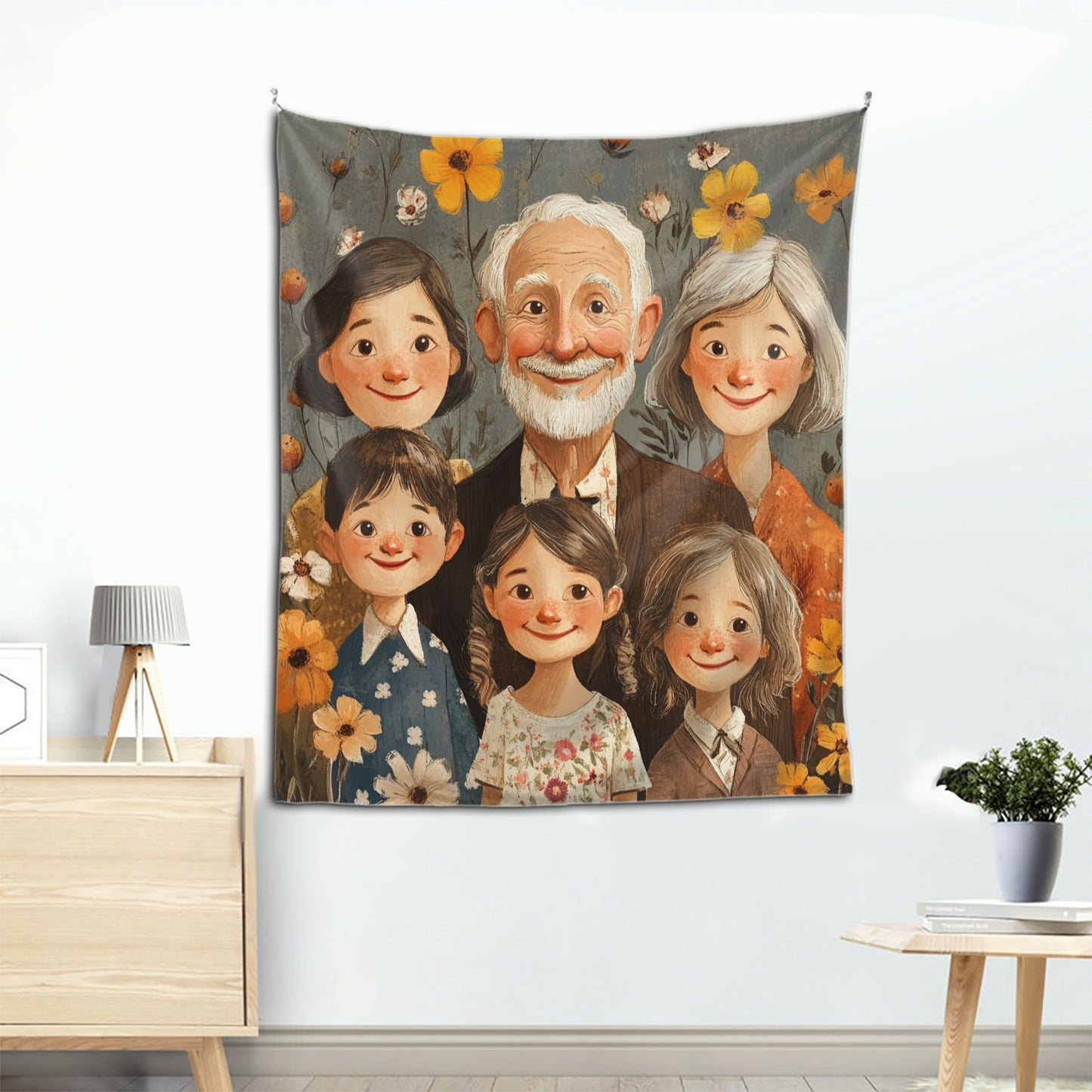 Warm Family Illustration Tapestry | Cute Cartoon-Style Family Portrait, Ideal for Modern Home Decor