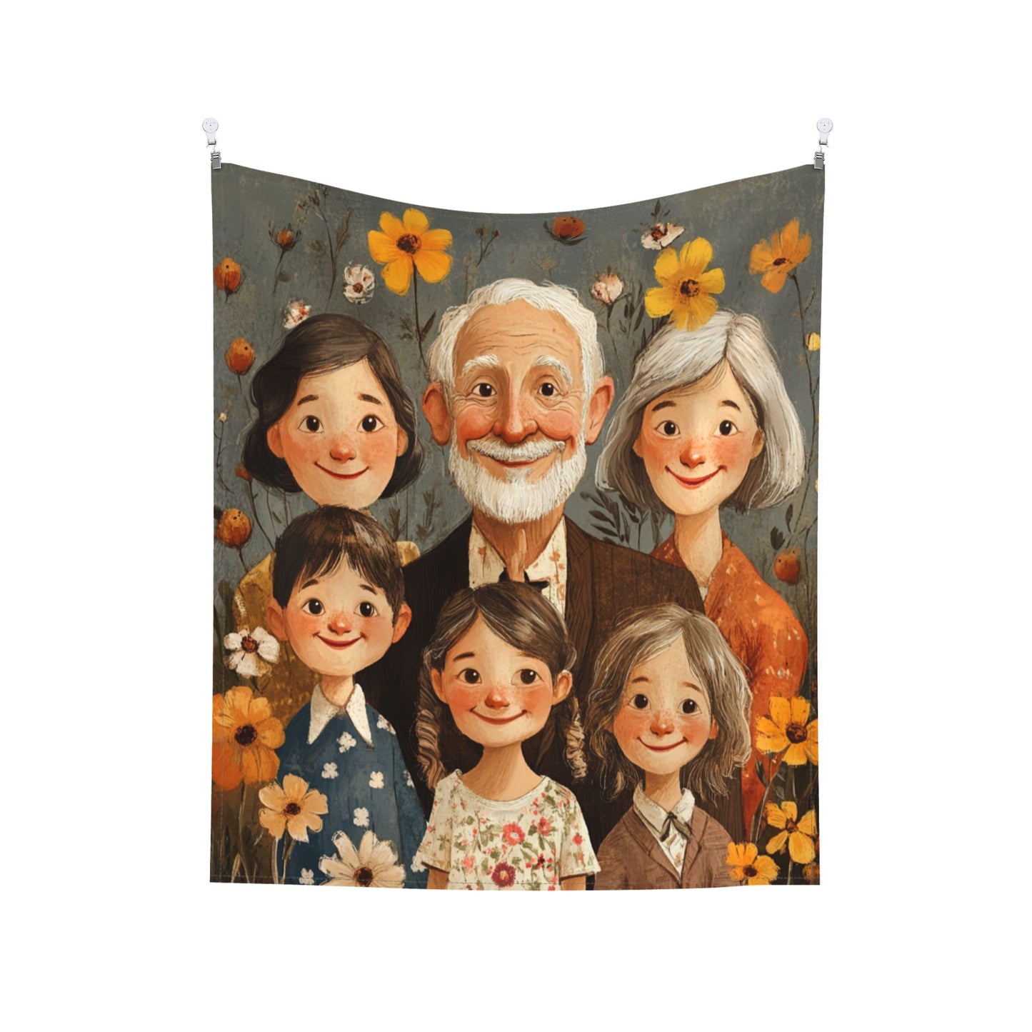 Warm Family Illustration Tapestry | Cute Cartoon-Style Family Portrait, Ideal for Modern Home Decor