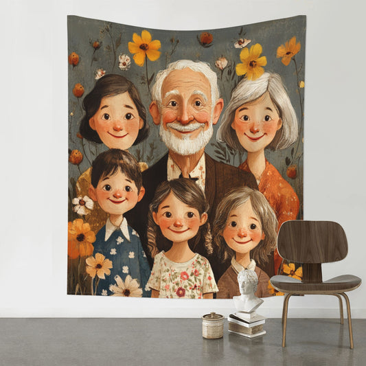 Warm Family Illustration Tapestry | Cute Cartoon-Style Family Portrait, Ideal for Modern Home Decor