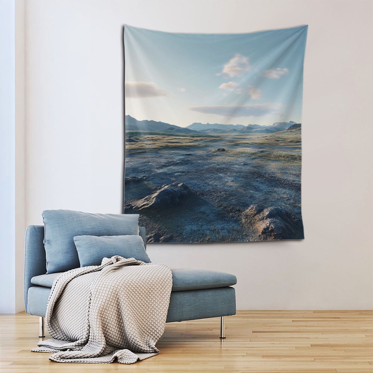 Vast Natural Landscape Tapestry | Minimalist Nature Scene, Tranquil Mountain and Prairie Design for Home Decor