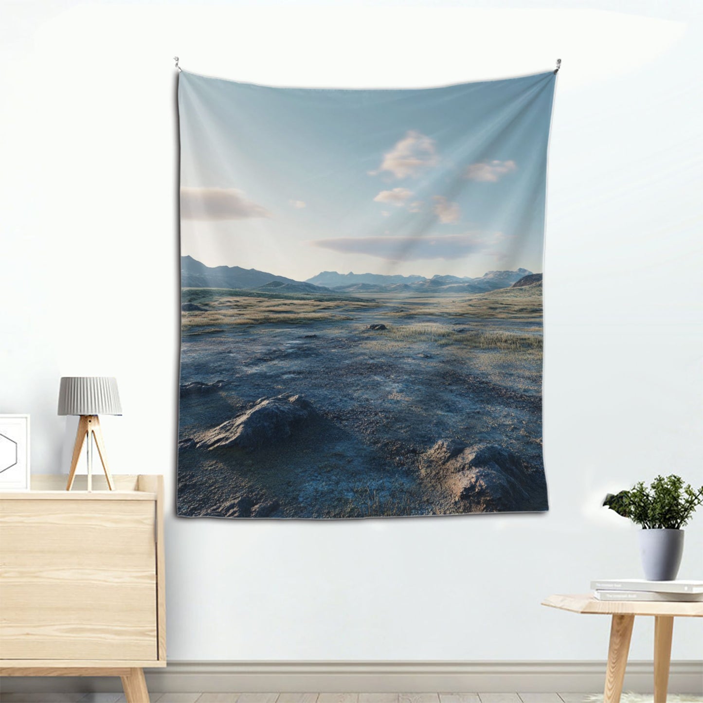 Vast Natural Landscape Tapestry | Minimalist Nature Scene, Tranquil Mountain and Prairie Design for Home Decor