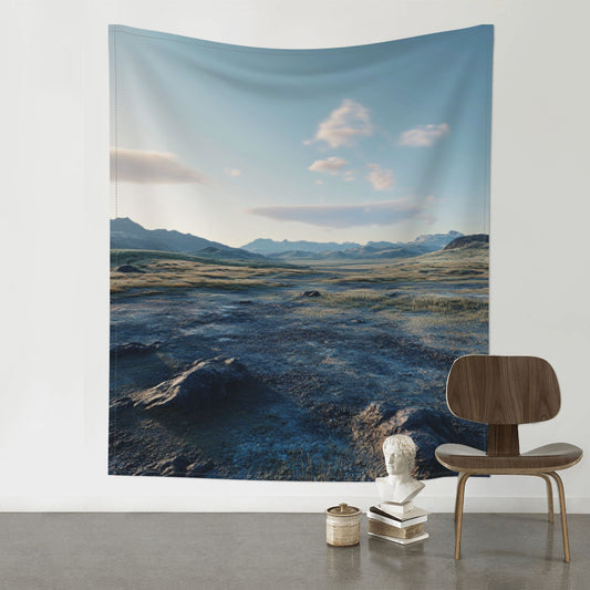 Vast Natural Landscape Tapestry | Minimalist Nature Scene, Tranquil Mountain and Prairie Design for Home Decor